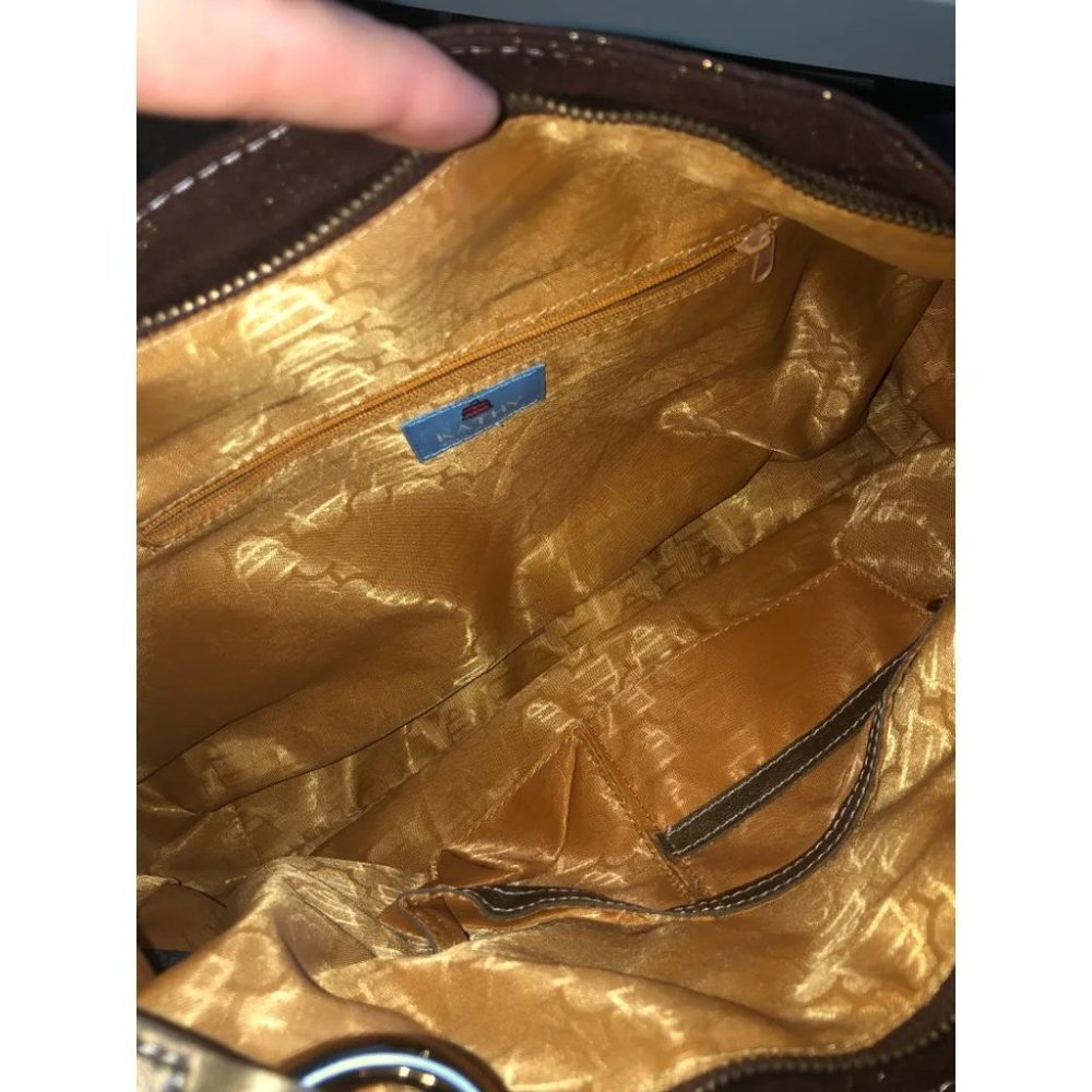 Kathy van Zeeland Shoulder Hand Bag Purse Gold faux suede brown Glam slouch hobo - Picture 7 of 13